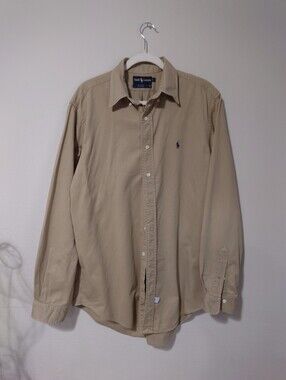 Vintage 90s Ralph Lauren Made in USA Khaki Button Down Shirt Men's L Cotton